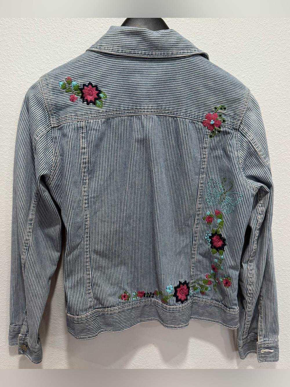 Cottagecore Embroidered Railroad Stripe Denim Jacket Floral Prairie Jacket Size - Picture 5 of 12